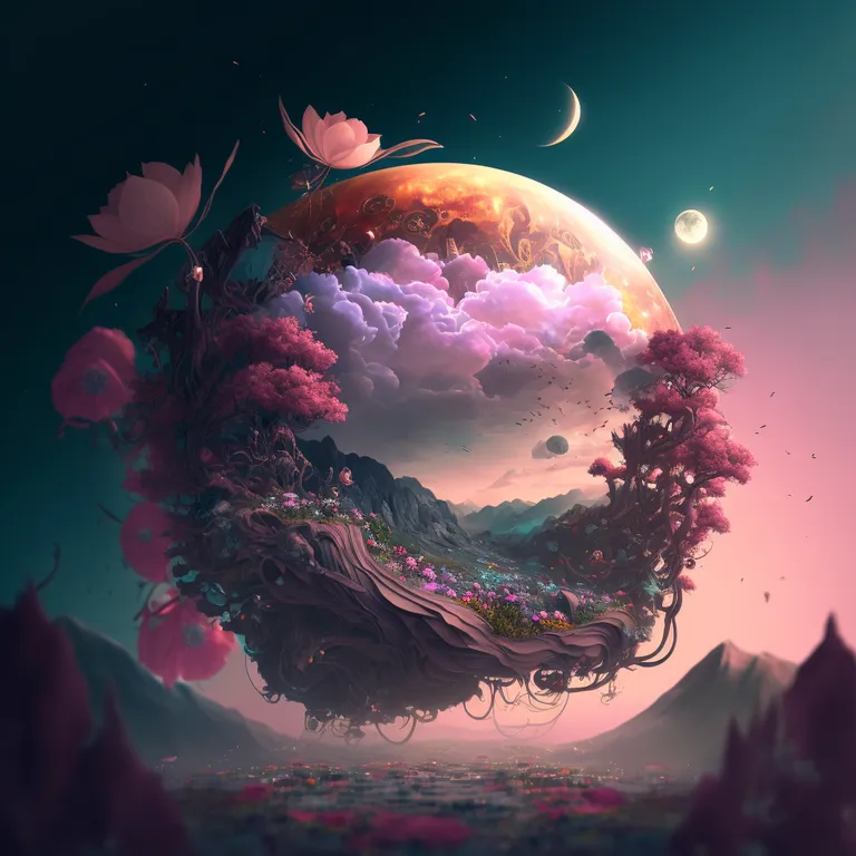 a digital painting of a landscape with trees and flowers. atmosphere, world, moon, light, nature, crescent, plant, astronomical object, atmospheric phenomenon, art