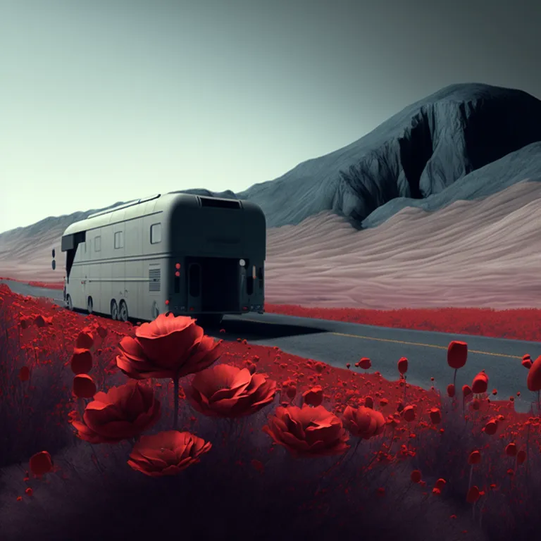 a bus driving down a road surrounded by red flowers. sky, ecoregion, window, flower, snow, rolling, petal, plant, landscape, mountain