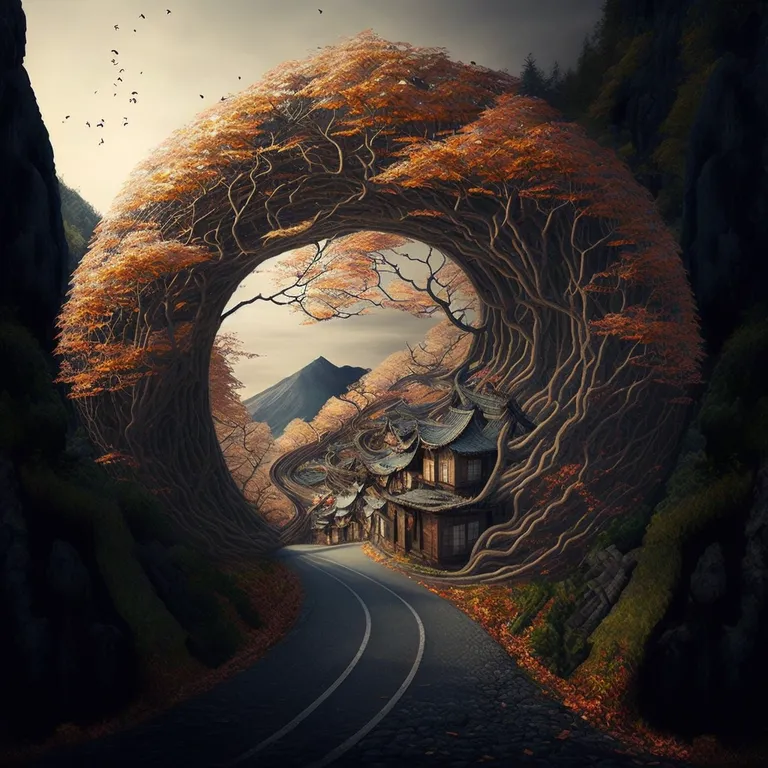 a painting of a road with a tunnel in the middle. plant, world, sky, nature, lighting, sunlight, atmospheric phenomenon, road surface, morning, art in the style of ANIME