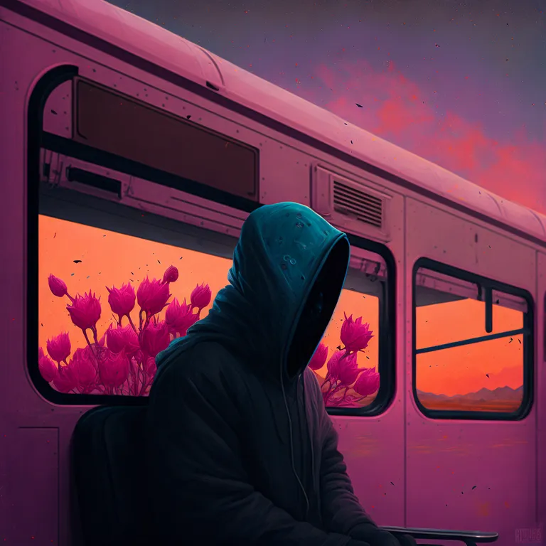 in the style of anime, a person with a hood, sitting on a train looking out the window. train, window, automotive lighting, vehicle, purple, pink, black