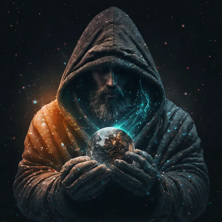 hooded bearded man holding a planet in his hand, cosmic star dust, galactic, uhd, hdr, 8k, maximalist