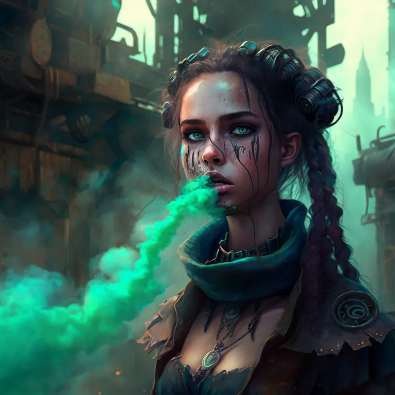 a woman with green smoke coming out of her mouth. hairstyle, flash photography, cool, black hair, cg artwork, darkness, fun, electric blue, fictional character, event