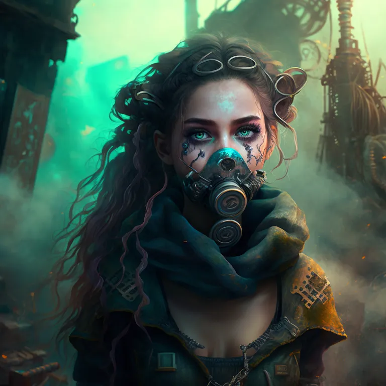 a woman wearing a gas mask and a scarf. flash photography, cool, eyewear, fun, goggles, space, cg artwork, darkness, art, event