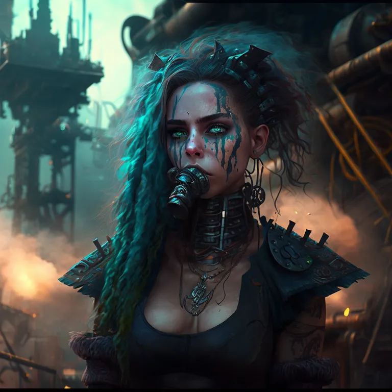 a woman with green hair wearing a black outfit. flash photography, cg artwork, entertainment, darkness, jewellery, performing arts, music artist, goth subculture, electric blue, necklace