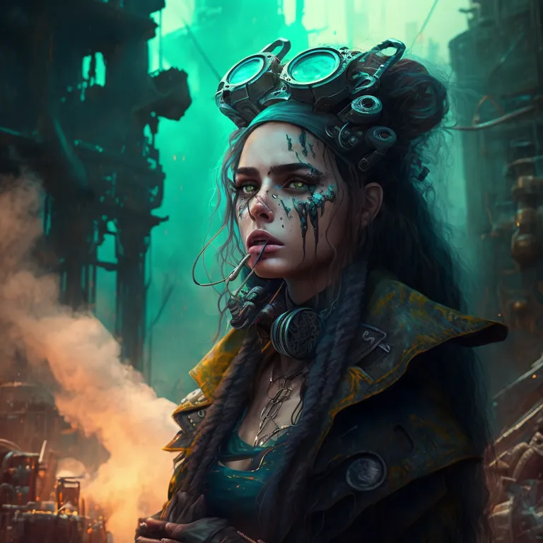 a woman in steam punk makeup with steam pipes in her hair. cg artwork, flash photography, art, darkness, event, fictional character, entertainment, eyewear, graphics, action-adventure game