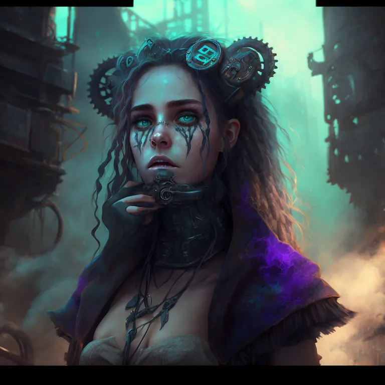 a woman in a steampunk outfit with gears on her head. flash photography, purple, eyelash, cg artwork, black hair, beauty, darkness, electric blue, art, graphics
