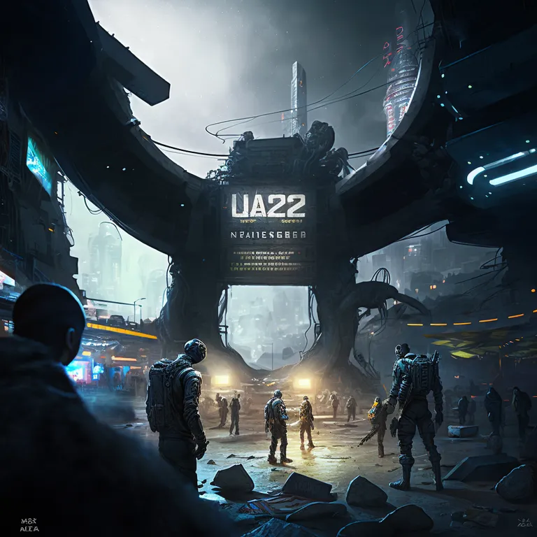 a group of people standing in front of a giant robot. world, cloud, sky, flash photography, cg artwork, space, darkness, display device, event, aircraft