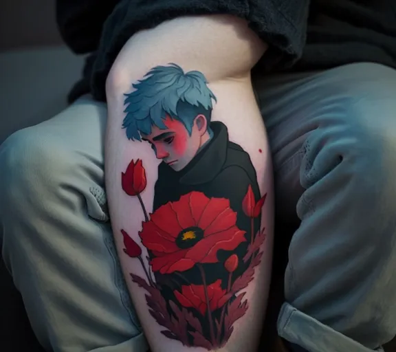 a man with a flower tattoo on his leg. joint, plant, tattoo artist, flower, human body, sleeve, petal, thigh, waist, cool