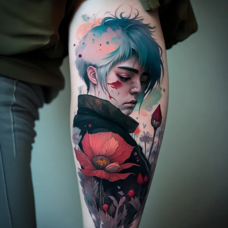 in the style of japanese anime, a guy with a flower tattoo on his forearm, beautiful light colours