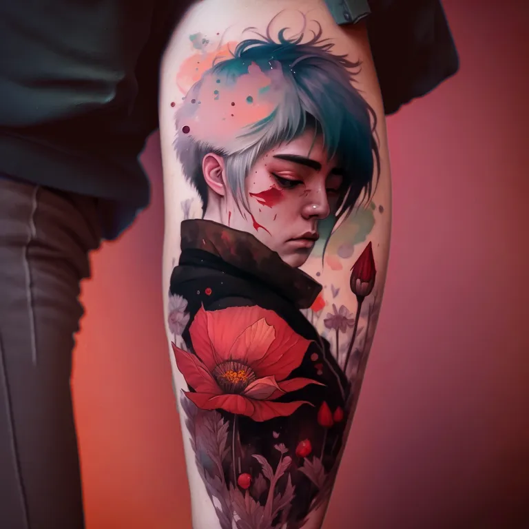 in the style of japanese anime a guy with a flower tattoo on the forearm