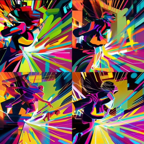 a colorful abstract painting of a person on a skateboard. colorfulness, art, line, pattern, font, symmetry, magenta, electric blue, graphics, visual arts