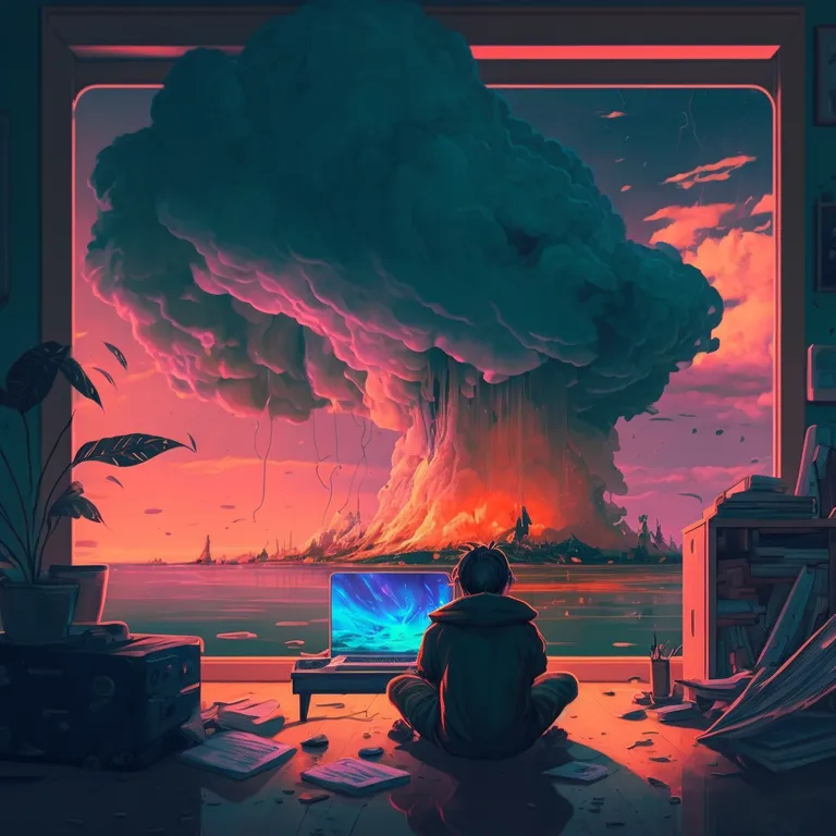 a person sitting in front of a computer on a desk. world, light, art, red, painting, cg artwork, geological phenomenon, sky, tints and shades, heat