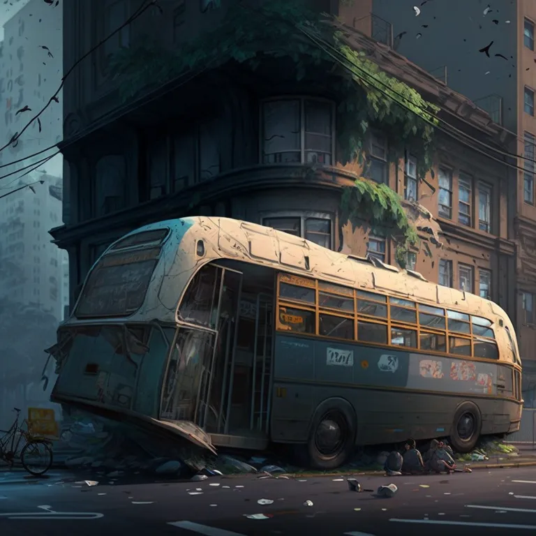 in the style of anime, a bus that is sitting in the street