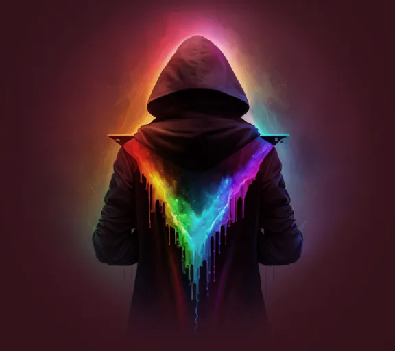 a person wearing a hooded jacket with a rainbow pattern on it. outerwear, human body, purple, sleeve, entertainment, automotive lighting, headgear, visual effect lighting, jacket, magenta