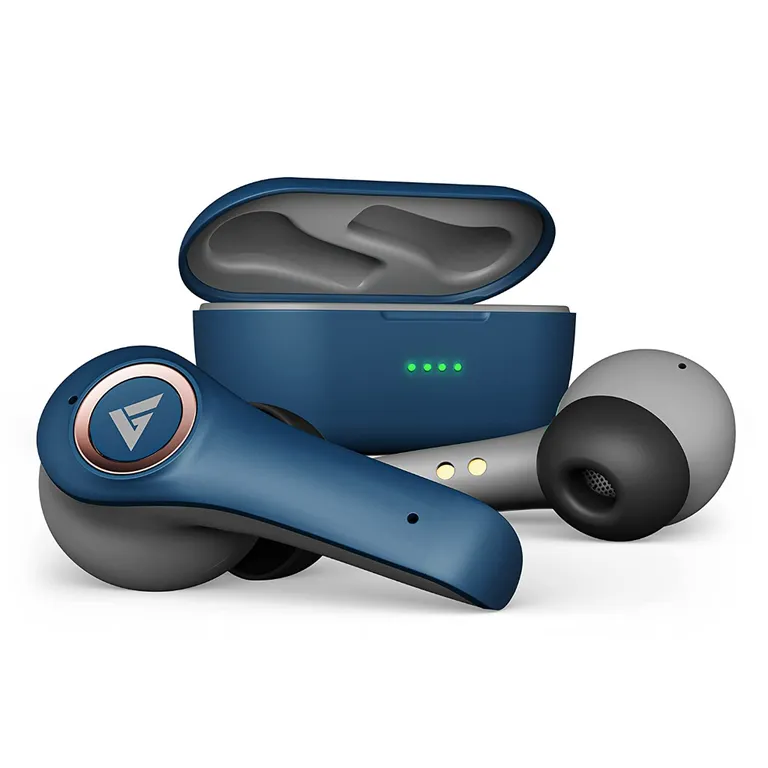 a pair of ear buds sitting next to a case. peripheral, font, gadget, game controller, electric blue, electronic device, technology, plastic, input device, circle