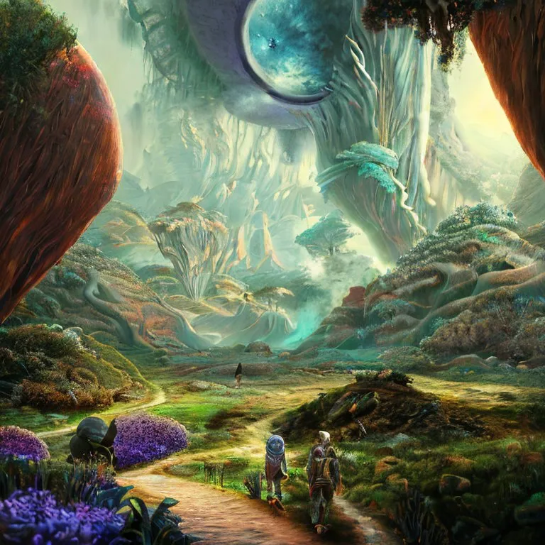 a painting of a fantasy landscape with a dragon. plant, flower, ecoregion, green, vertebrate, world, light, blue, nature, natural landscape