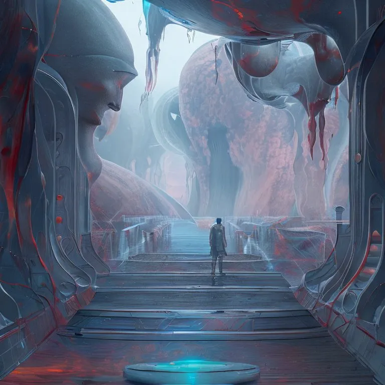 a man is standing in a sci - fi fi fi fi fi fi fi fi. blue, world, art, cg artwork, electric blue, fictional character, darkness, carmine, illustration, stairs