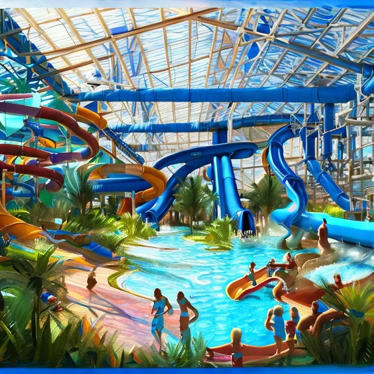 a water park with a large water slide. water, blue, swimming pool, art, leisure, recreation, amusement ride, fun, electric blue, nonbuilding structure