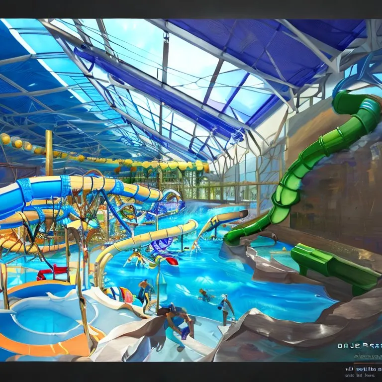 an indoor water park with a water slide. water, swimming pool, leisure, fun, recreation, art, urban design, amusement ride, electric blue, nonbuilding structure