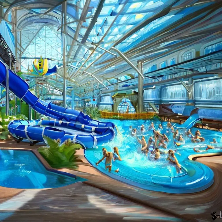 a painting of a water park with a water slide. water, swimming pool, blue, leisure, recreation, building, fun, chute, amusement ride, sky