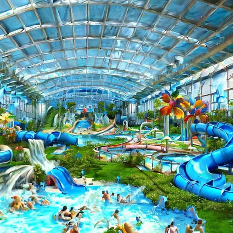 a large indoor water park with slides and slides. water, plant, swimming pool, aqua, leisure, recreation, fun, amusement ride, urban design, playground