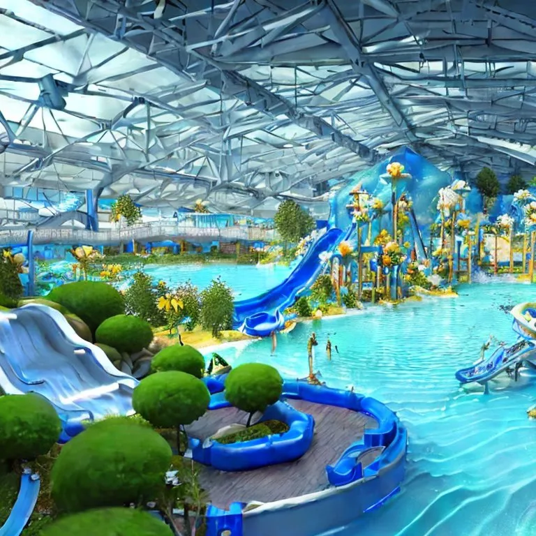 an indoor water park with a water slide. water, leisure, plant, swimming pool, urban design, recreation, fun, terrestrial plant, chute, playground