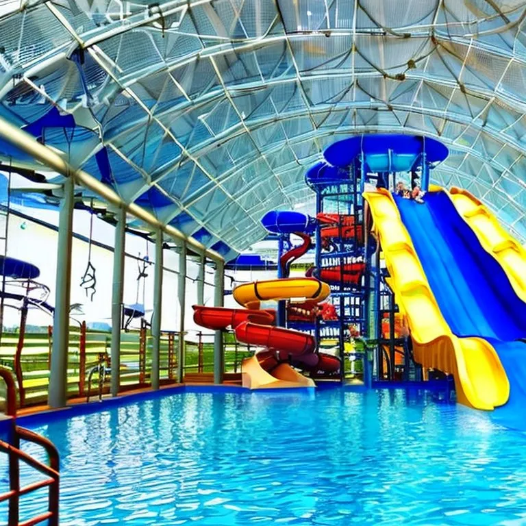 a large indoor water park with a water slide. water, swimming pool, leisure, building, fun, recreation, shade, playground, leisure centre, amusement park