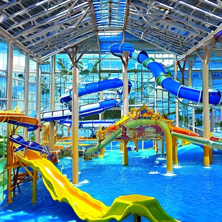 a large indoor water park with a water slide. water, swimming pool, leisure, aqua, outdoor furniture, chute, fun, recreation, engineering, sunlounger