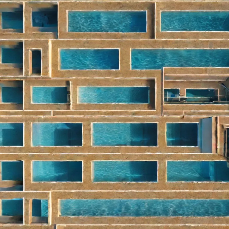 a close up of a building with a pool in the middle of it. brown, blue, rectangle, azure, wood, brick, art, wood stain, font, line