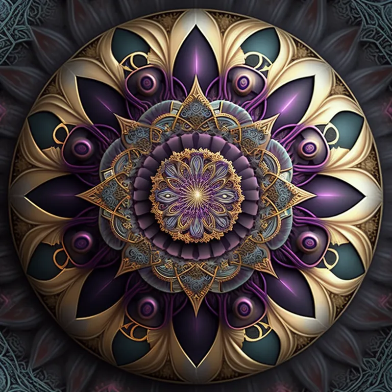 a computer generated image of a purple and gold flower. art, symmetry, glass, pattern, circle, ceiling, motif, font, fixture, fractal art
