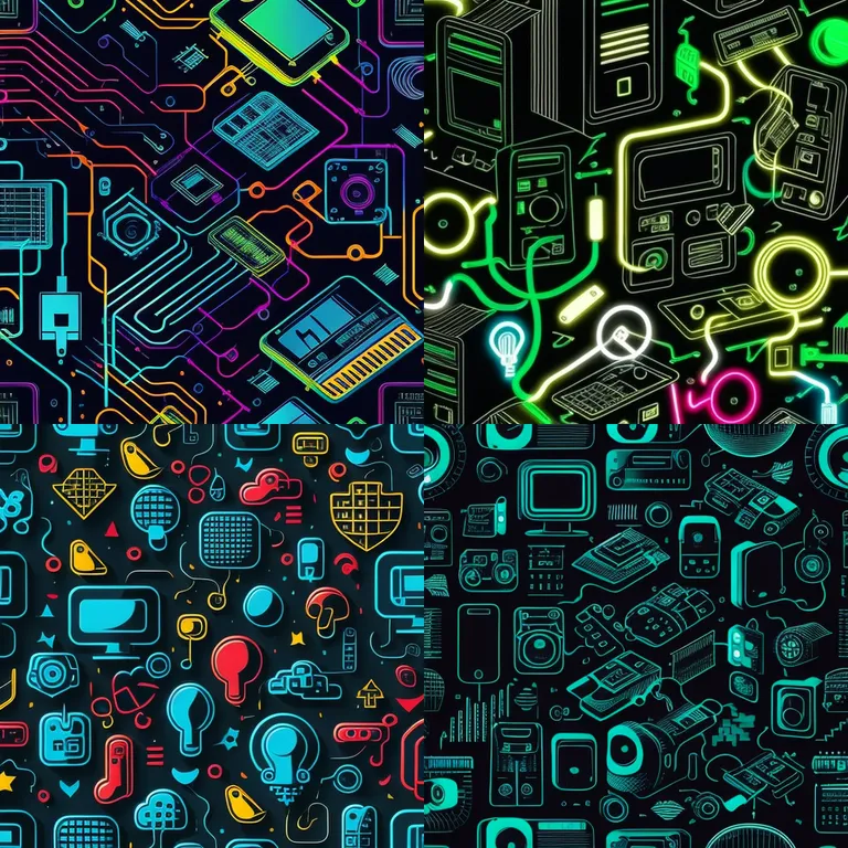 a bunch of different types of electronic devices. rectangle, art, urban design, font, line, pattern, technology, electric green, electronic device, maze, circuits, circuitry, neon green, black