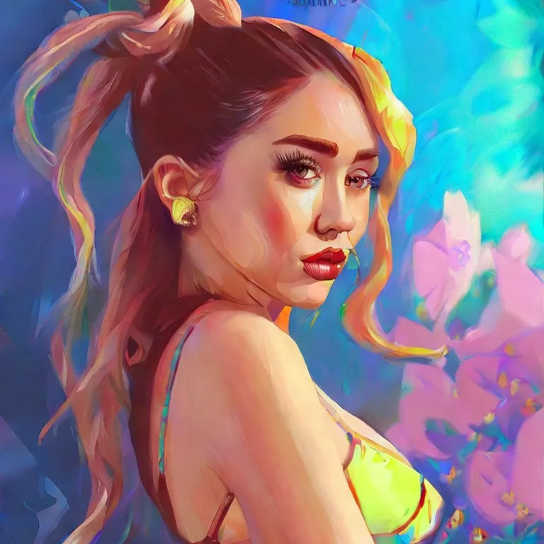 a digital painting of a woman in a bikini. lip, eyebrow, eyelash, iris, art, paint, painting, cg artwork, fictional character, illustration