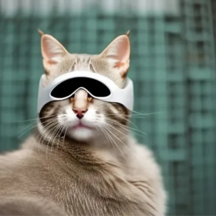 a cat wearing a pair of goggles on its head. head, cat, eye, felidae, carnivore, small to medium-sized cats, whiskers, snout, fang, domestic short-haired cat