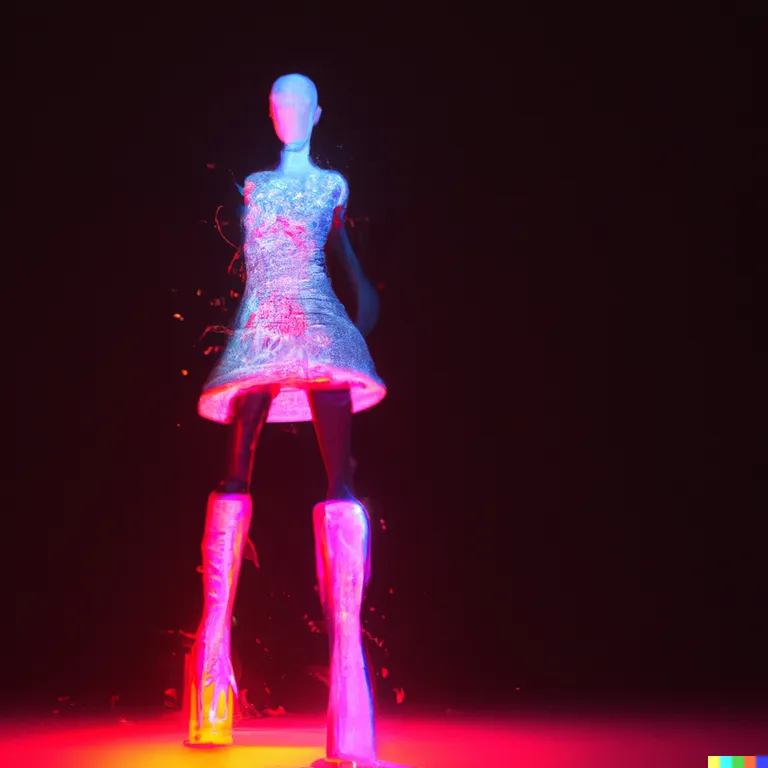 a mannequin in a neon dress and boots. purple, thigh, pink, performing arts, magenta, fashion design, knee, electric blue, human leg, entertainment