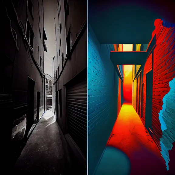 two pictures of a hallway and a hallway in a building. light, flash photography, line, art, building, material property, rectangle, symmetry, tints and shades, space