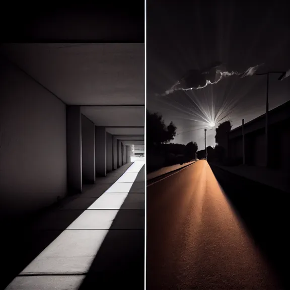 two pictures of a street at night and a street light at night. atmosphere, sky, light, cloud, black, building, road surface, flash photography, asphalt, black-and-white