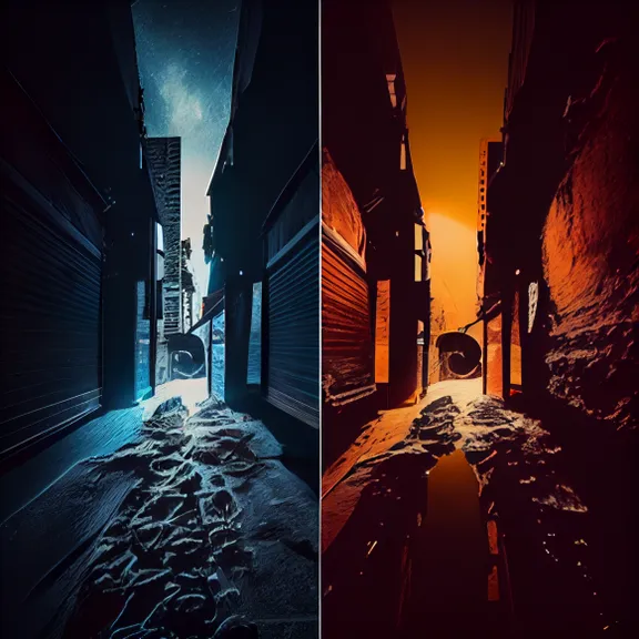two pictures of a street at night and a street at dawn. water, sky, building, automotive lighting, electricity, road surface, alley, flash photography, city, art