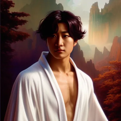 analog style, jung kook in white robe, fantasy, male body, , hyperdetailed painting, complex, head and shoulders portrait, 4k resolution concept art portrait by Greg Rutkowski, Artgerm, WLOP, Alphonse Mucha dynamic lighting hyperdetailed intricately detailed art trending on Artstation triadic colors Unreal Engine 5 volumetric lighting handsome, short black hair, evil smirk, grey eyes, man, young, pop, elegant, trickster, father, clear, deep color art, Greg Rutkowski art, fantasycore, airbrush art, top hat, entertainer, circus leader, black tux, unreal engine, greg rutkowski, loish, rhads, beeple, makoto shinkai and lois van baarle, ilya kuvshinov, rossdraws, tom bagshaw, alphonse mucha, global illumination, detailed and intricate environment