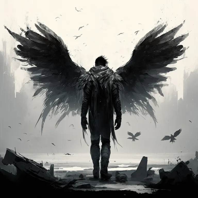 a man with large wings standing in front of a city