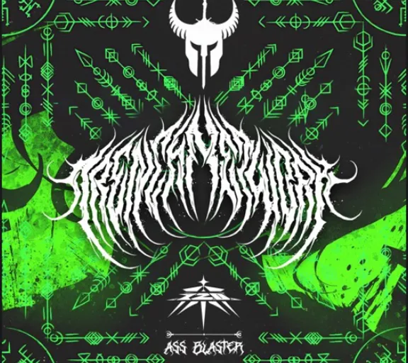 a green and black poster with a demon on it green and black native american symbols album cover