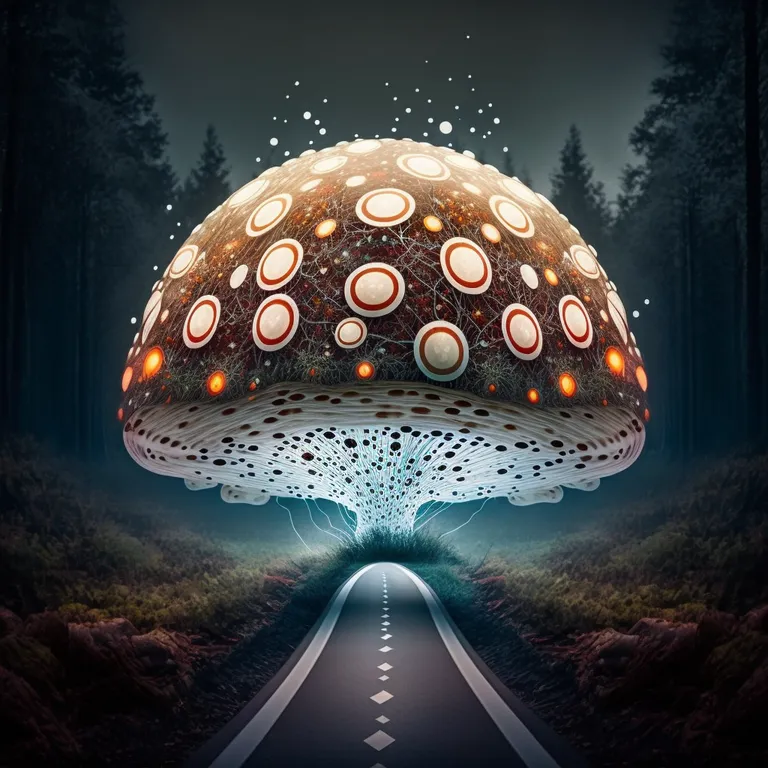A large mushroom sits on the side of the road, marking the entrance to the highway to mushrooms. highway to mushroom