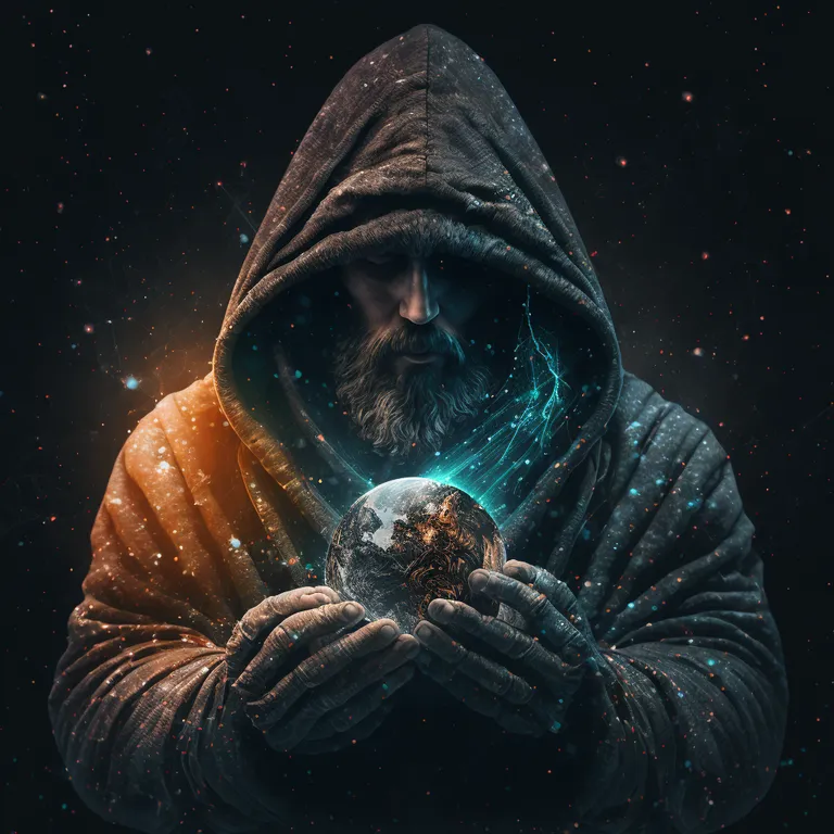 a man holding a crystal ball in his hands