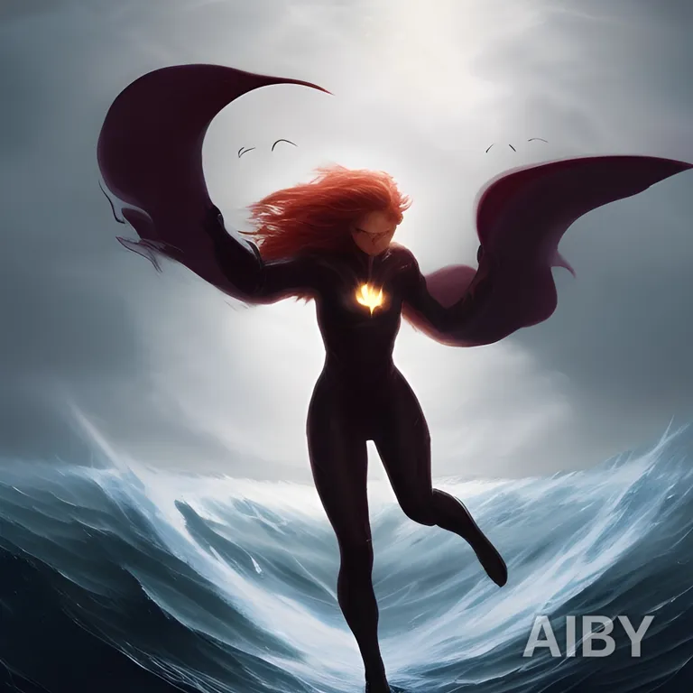 a woman in a bodysuit with wings flying over a body of water