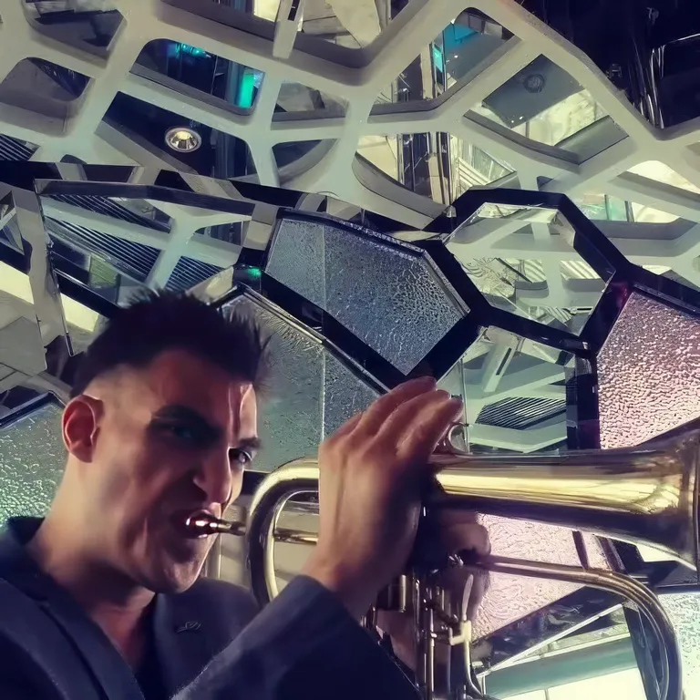 a man playing a trumpet in front of a mirror, now with a Twist!. turn the man into a trumpet