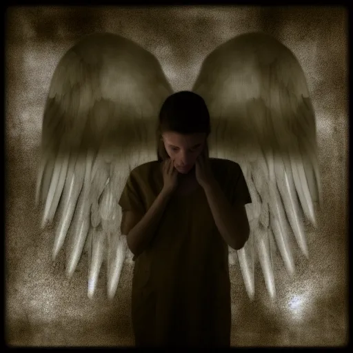 a woman with angel wings covering her face