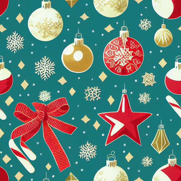 a blue background with christmas ornaments and a red bow