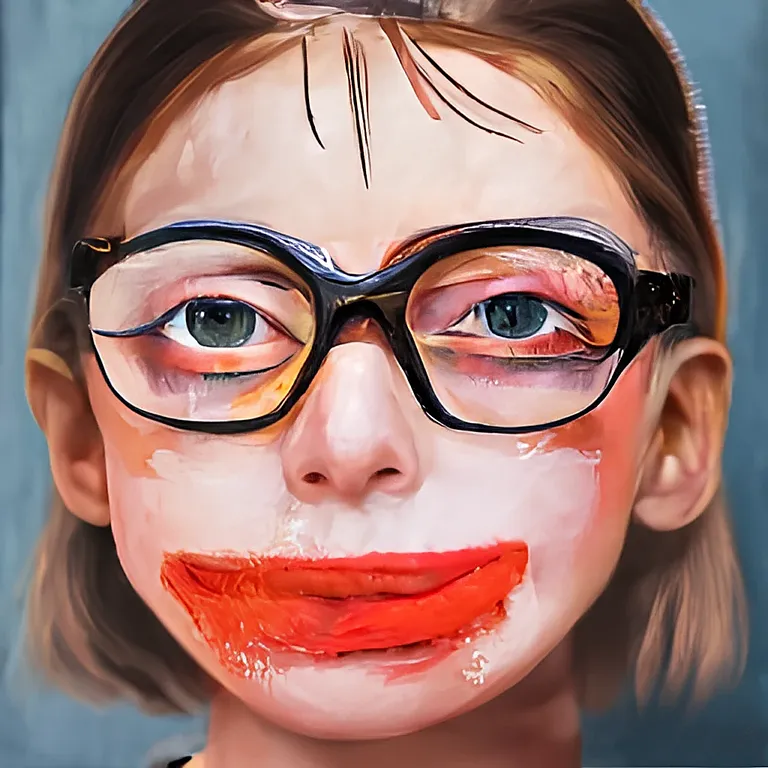 a painting of a young girl wearing glasses and a clown nose