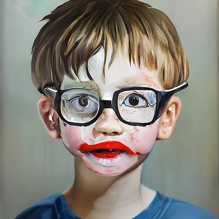 a painting of a boy with glasses and a bloody face