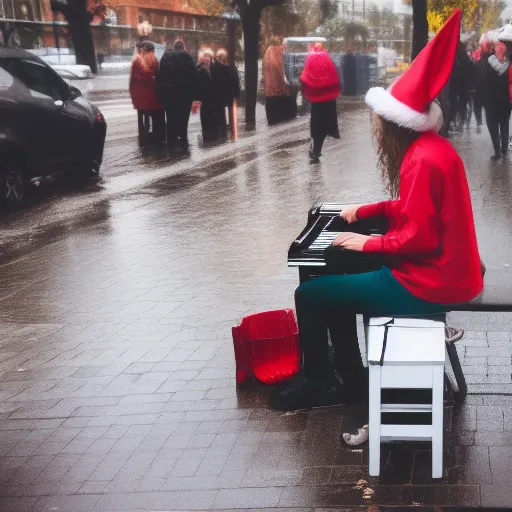 a woman sitting on a bench playing a piano