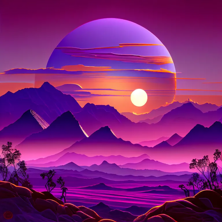 a painting of a sunset with mountains in the background